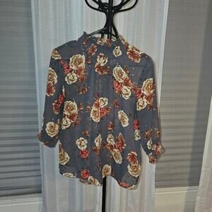 Midnight Sky Floral Blouse with Rose Pattern Large GUC